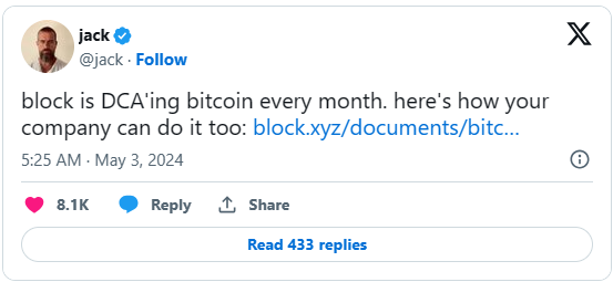 블락(Block) CEO 잭 도시 (Jack Dorsey)의 비트코인 관련 트윗(Tweet)