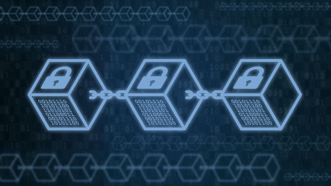Blocks with locks on dark blue background. Future innovation, blockchain technology, token money