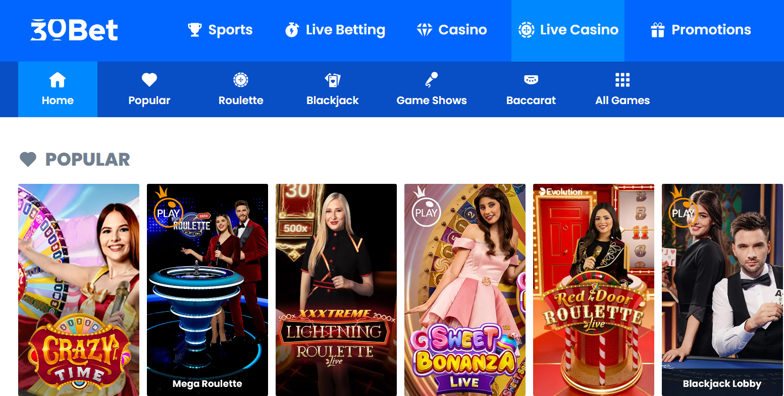 30bet live casino spellen 