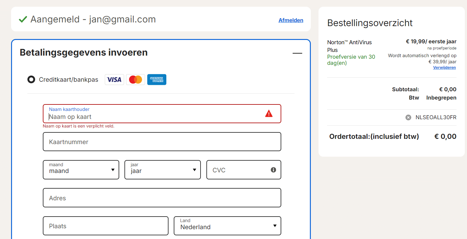 Norton antivirus betalingsgegevens