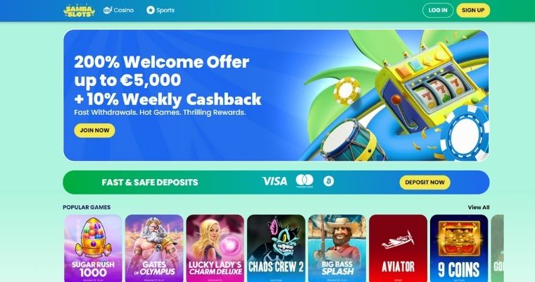 Skjermbilde av online casino Samba Slots hjemmeside