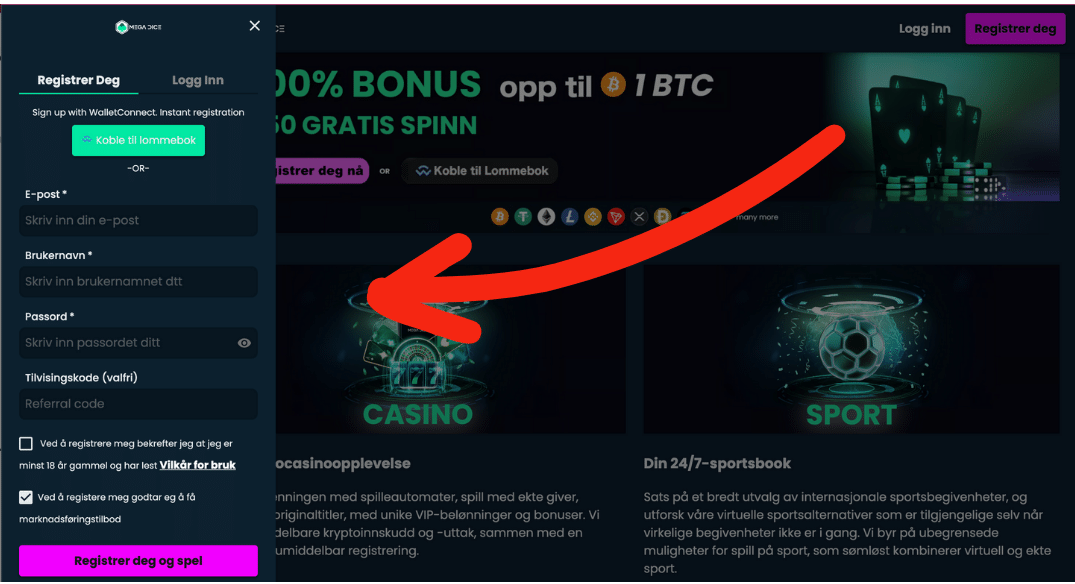 trinn 2 registrering Mega Dice