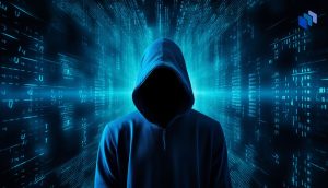 Computer hacker vist foran rader av binærkoder
