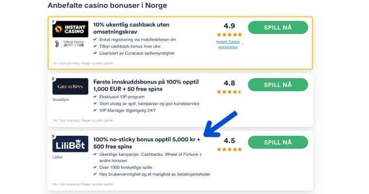 Finn casinobonuse i topplisten vår