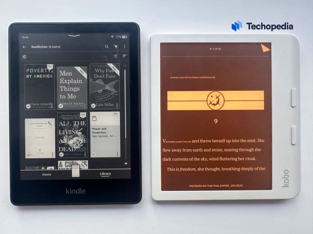 Kindle Paperwhite 5 vs. Kobo Libra Сolour: mørk/nattmodus (Kobo tillater bare mørk modus i tekst, ikke meny/bibliotek)
