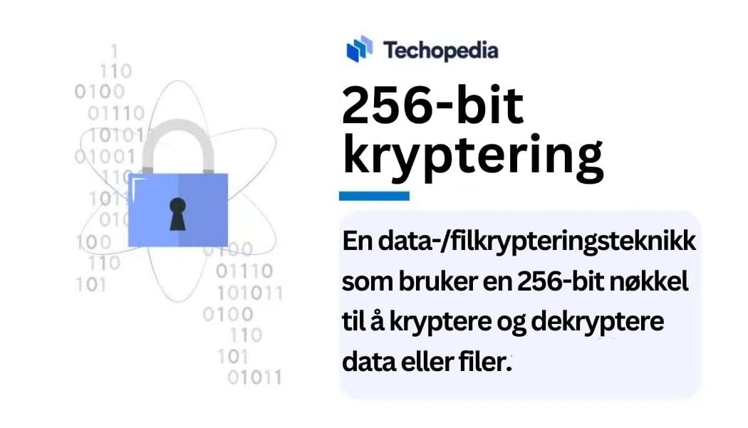 256-bit kryptering kort forklart i tekstboks med illustrasjon av hengelås over binærkode ved siden av