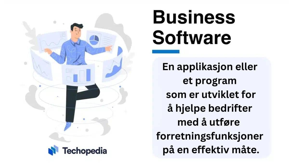 Kort summering av hva bedriftsprogramvare (business software) er i tekstboks med illustrasjon av mann med ulike arbeidsoppgaver foran en pc ved siden av