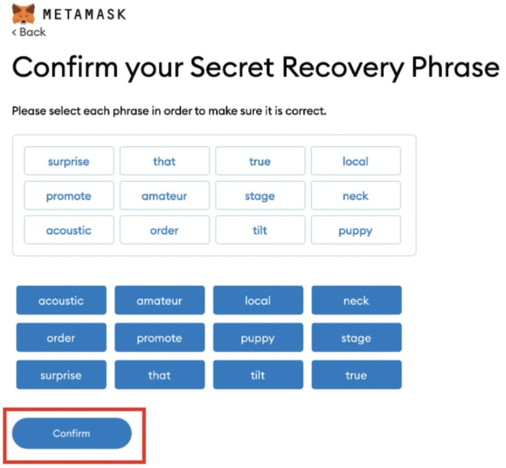 Skjermbilde som viser frøfase funksjon i MetaMask non-custodial wallet