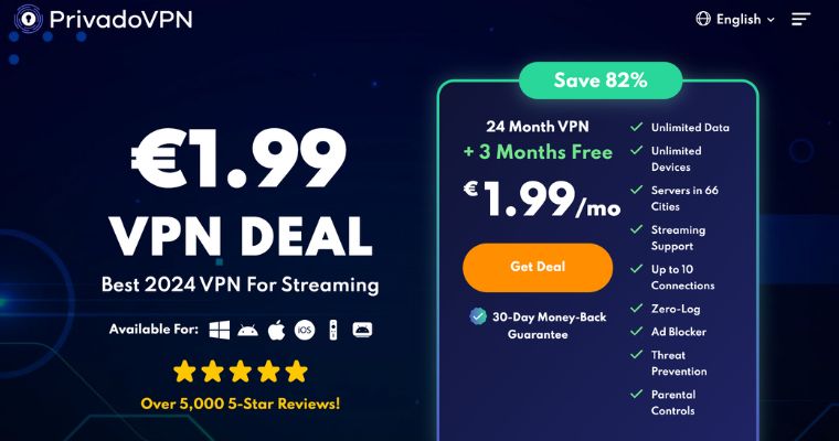 PrivadoVPN forsiden av nettsiden