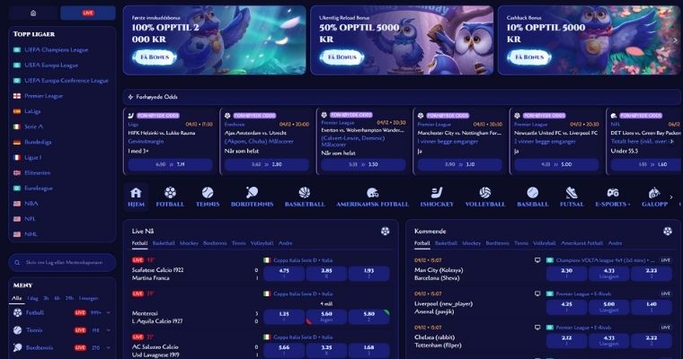 Bettingsidene til Spinight online casino og bettingportal
