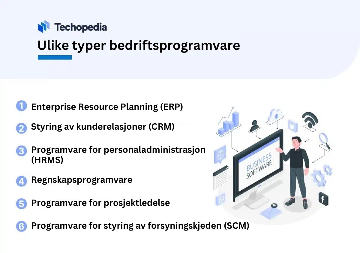 En oversikt over ulike former for bedriftsprogramvare med en mann som ser på dataskjerm ved siden av
