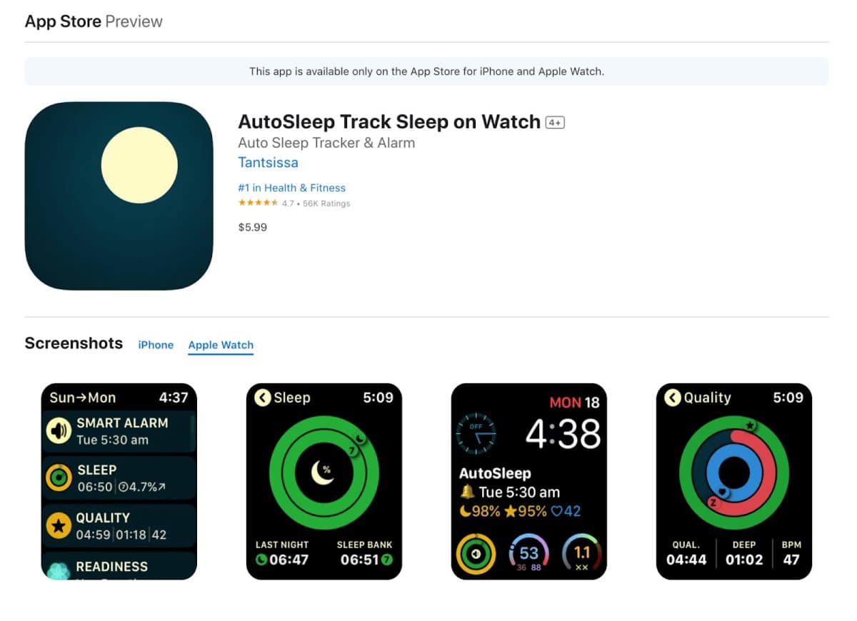 Skjermbilde av Apple Watch appen Autosleep