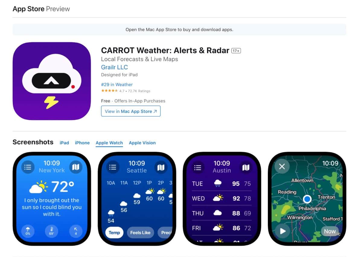 Skjermbilde av Apple Watch appen Carrot Weather