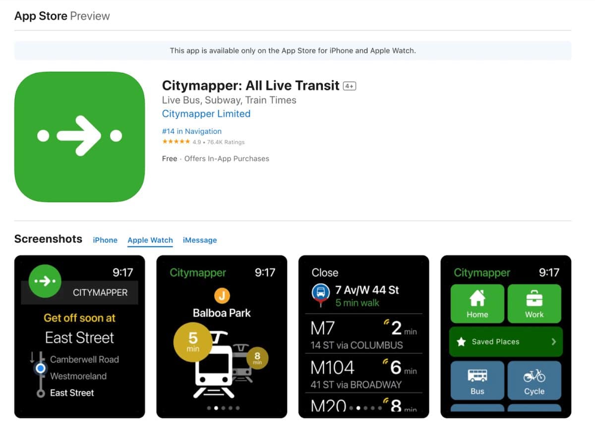 Skjermbilde av Apple Watch appen Citymapper