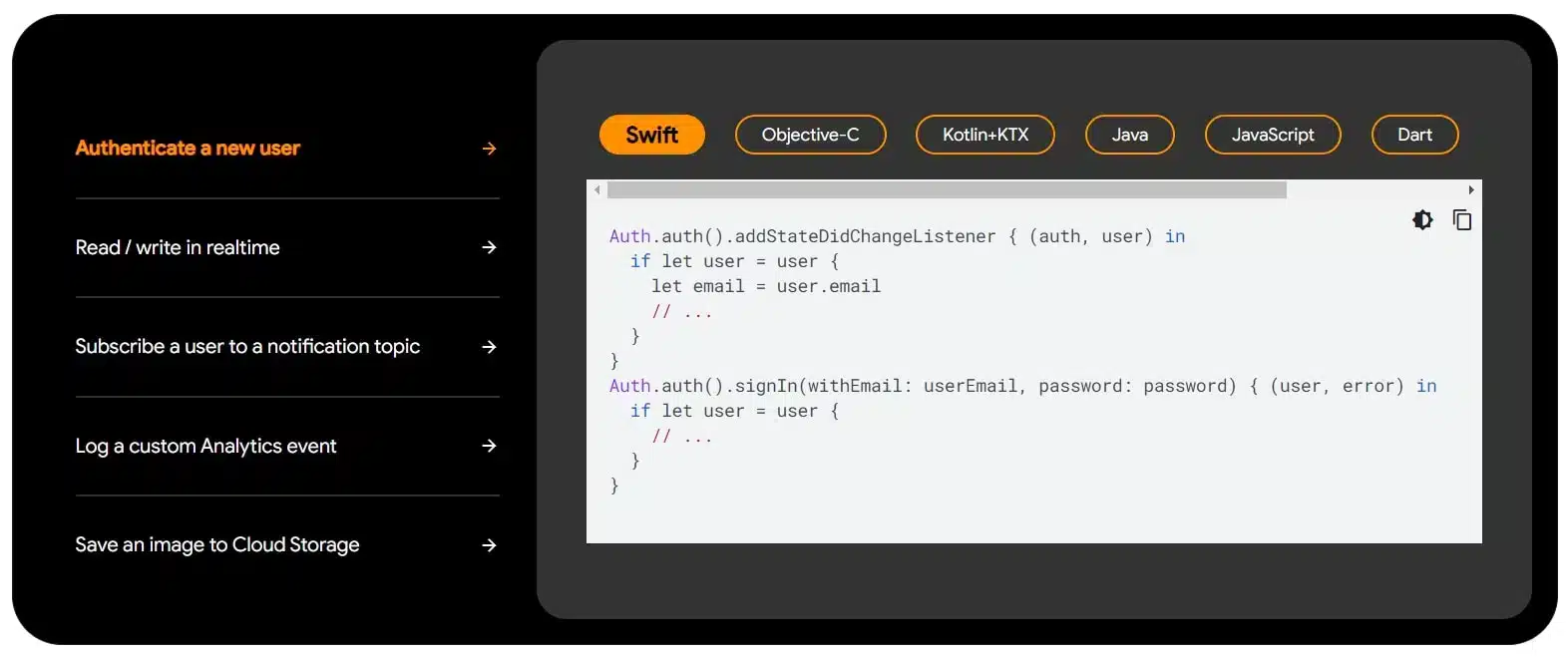 Firebase tilbyr detaljert dokumentasjon og SDK-er for apputvikling på tvers av plattformer