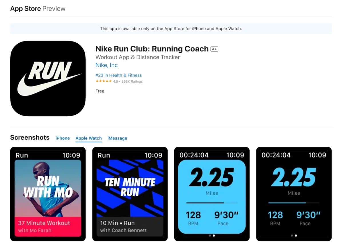 Skjermbilde av Apple Watch appen Nike Run Club