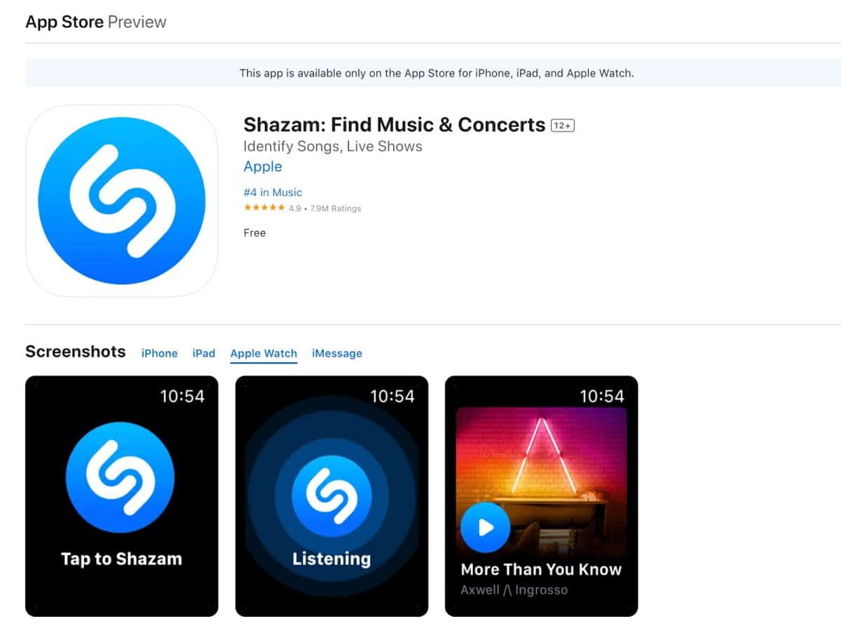 Skjermbilde av Apple Watch appen Shazam