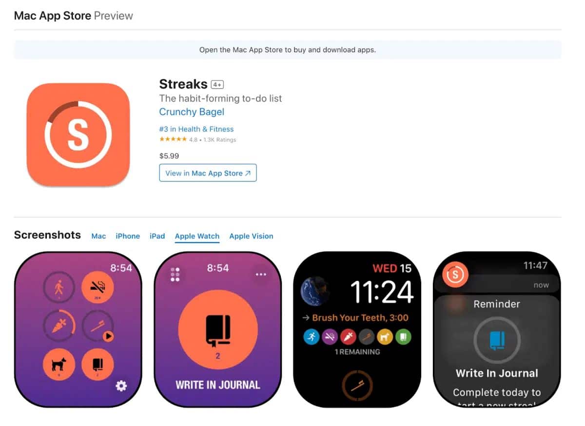 Skjermbilde av Apple Watch appen Streaks