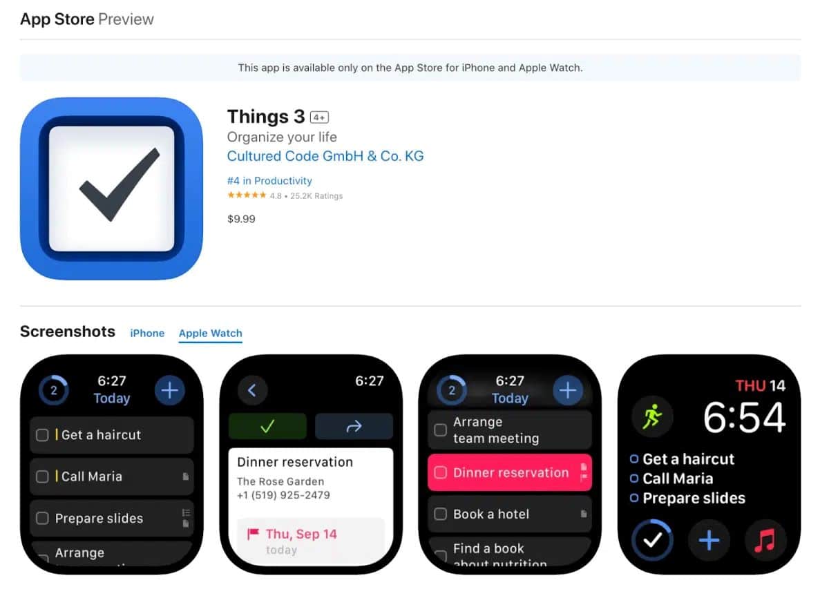 Skjermbilde av Apple Watch appen Things 3