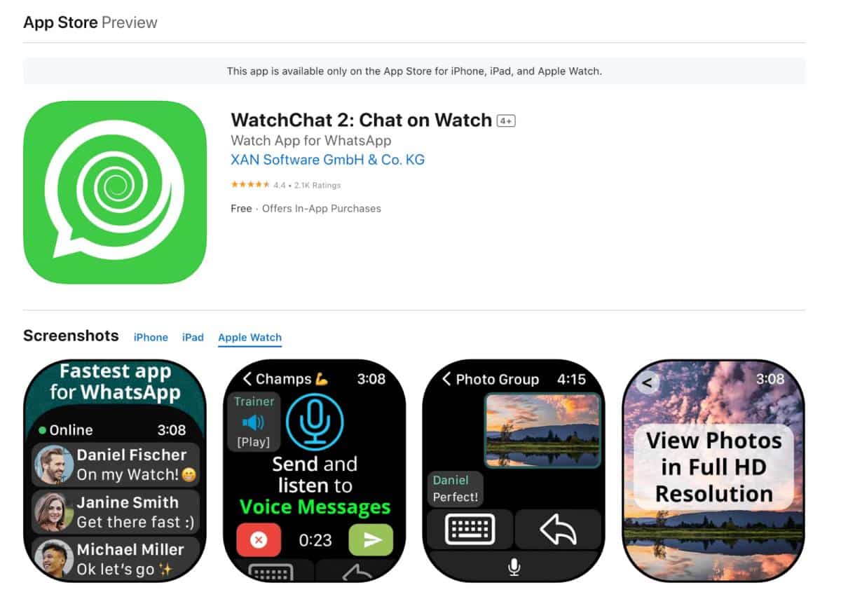 Skjermbilde av Apple Watch appen WatchChat 2