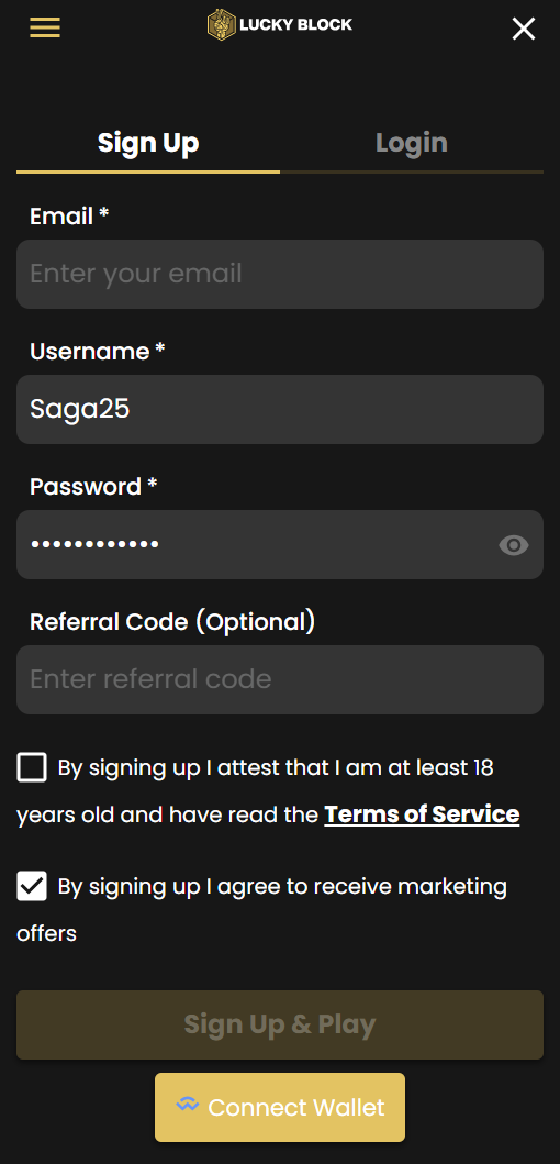Registrering hos Lucky Block