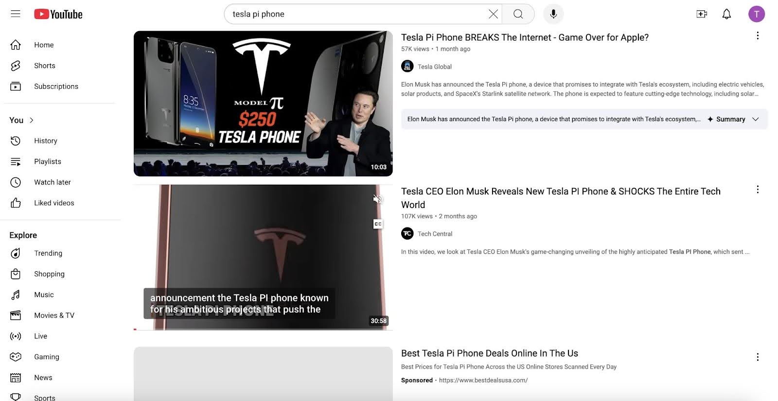 YouTube går amok med ideen om en Tesla Pi-smarttelefon i 2024. (Skjermdump)