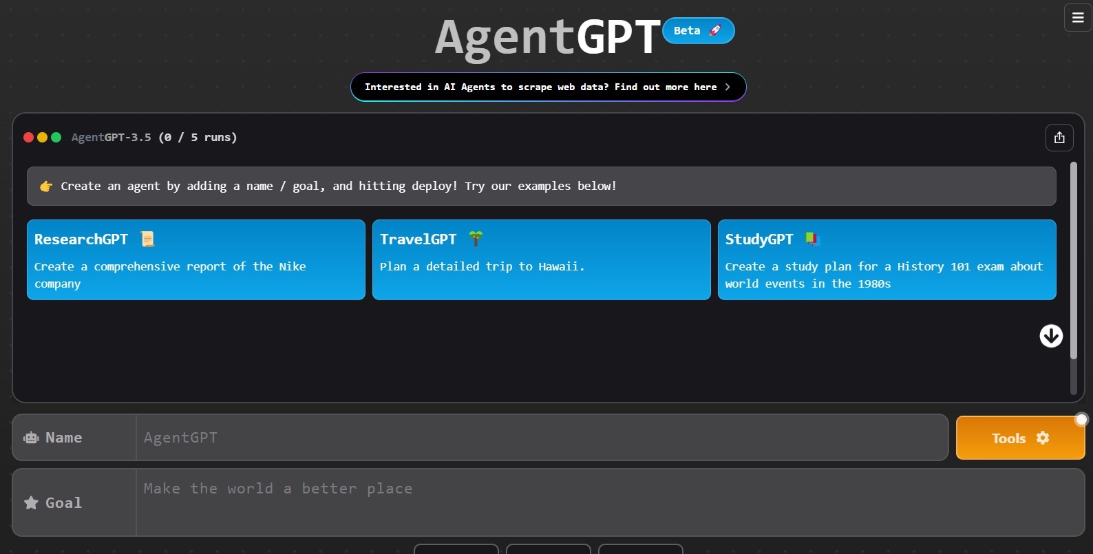 AgentGPT er nettbasert og leveres med et gratisnivå. (AgentGPT)