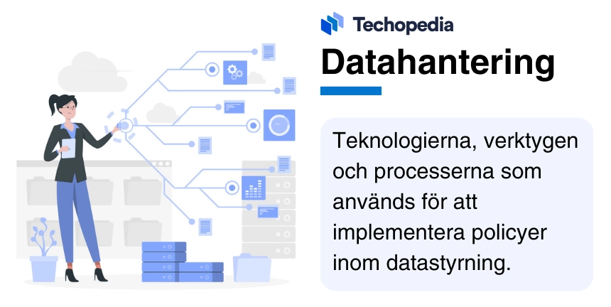 Illustration av en kvinna som interagerar med dataflöden, med text som beskriver datahantering.