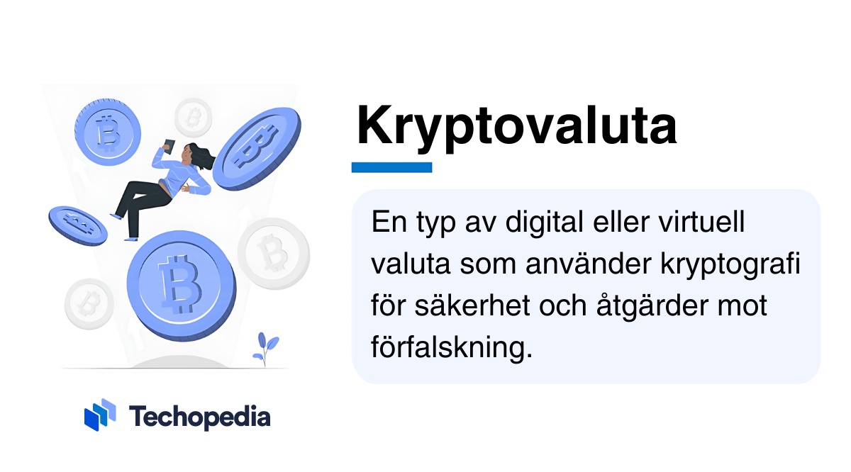 Illustration av kryptovaluta med en kvinna omgiven av bitcoin-mynt och texten 'Kryptovaluta' samt en beskrivning på svenska.