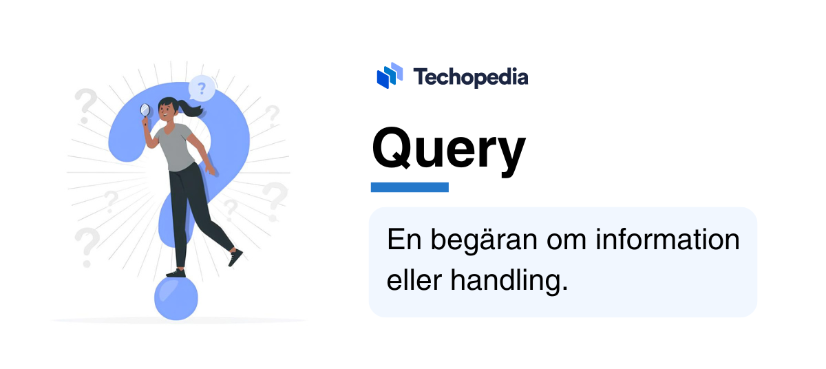 Illustration av en person som undersöker en fråga med förstoringsglas brevid en förklaring av vad query är.