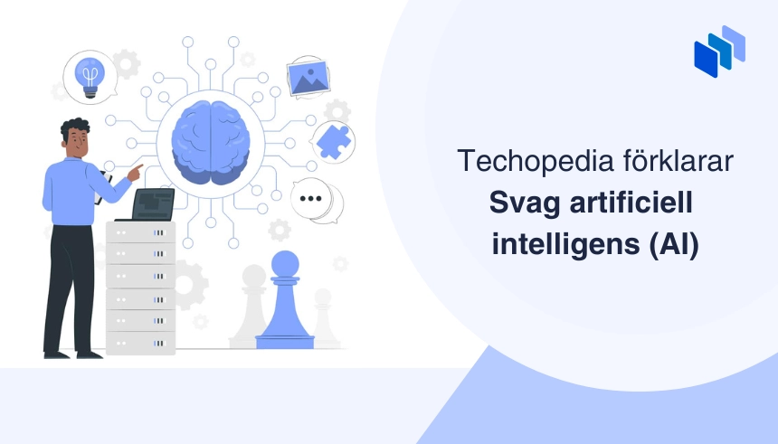 Illustration av en person vid en dator som representerar AI med text Techopedia förklarar Svag artificiell intelligens (AI).
