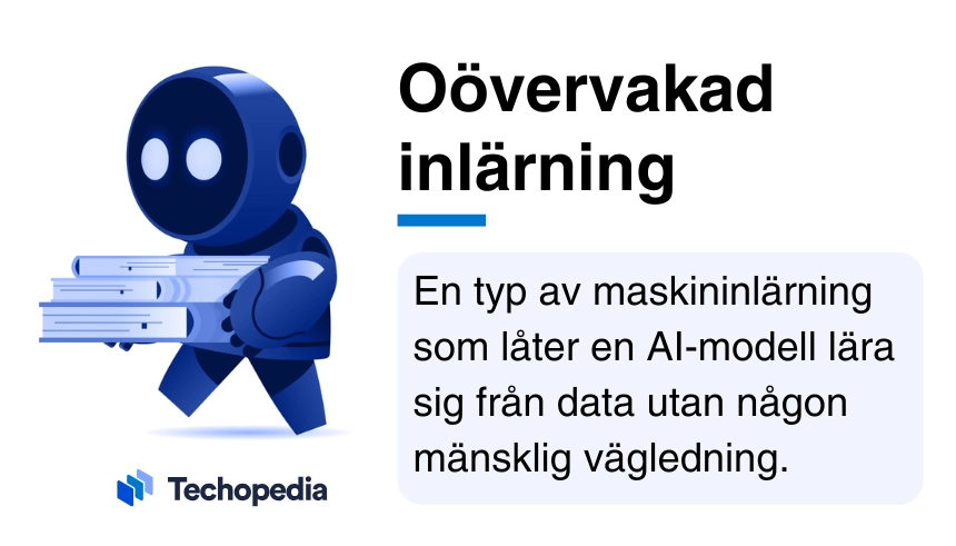 Illustration av en robot som bär böcker bredvid en kort förklaring av vad oövervakad inlärning är.