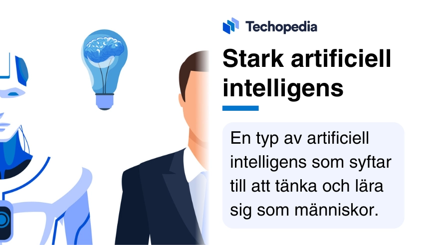 Illustration av robot och människa sida vid sida med text som förklarar vad som menas med stark artificiell intelligens.