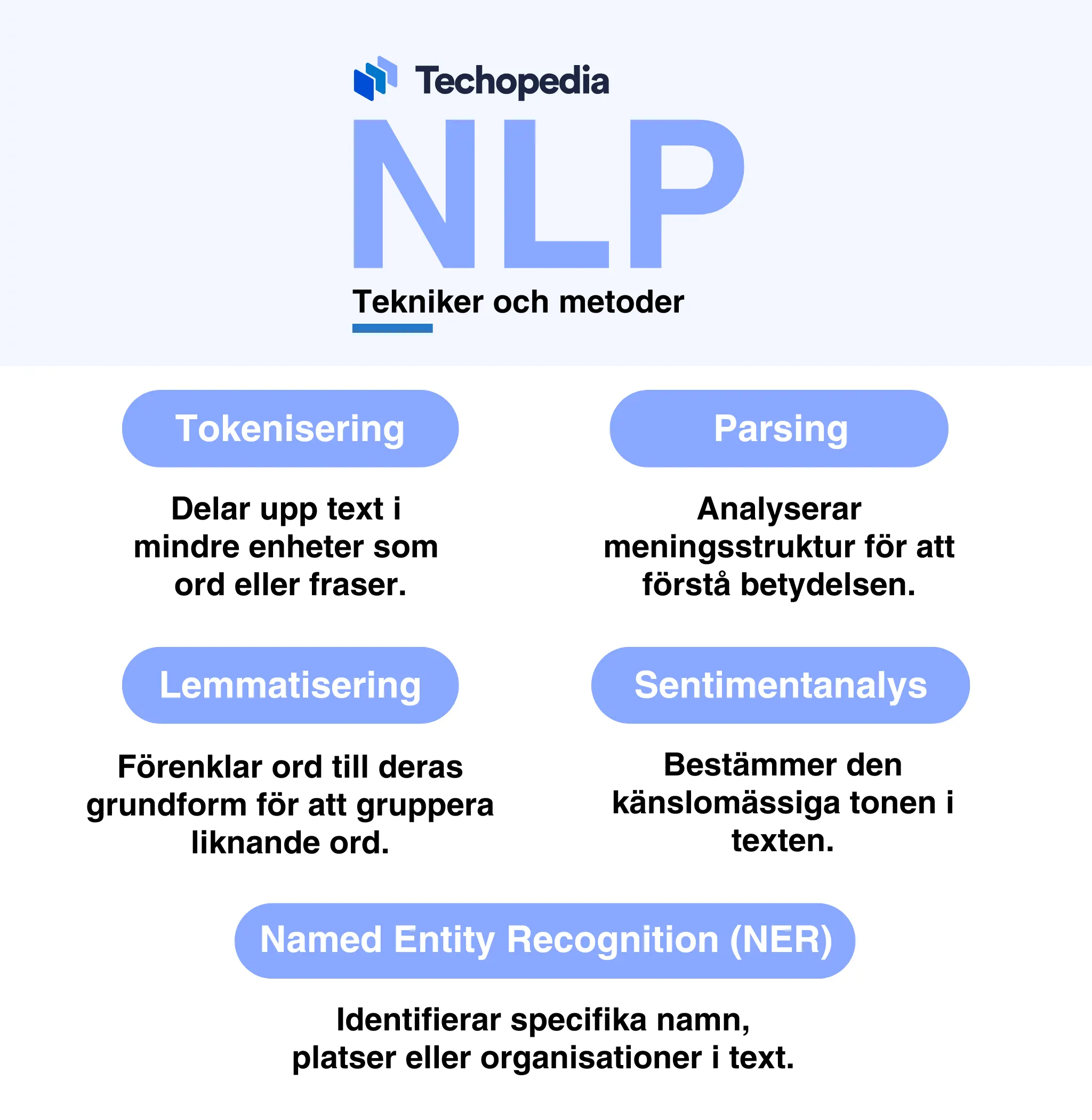 Infografik från Techopedia om fem olika NLP-tekniker.