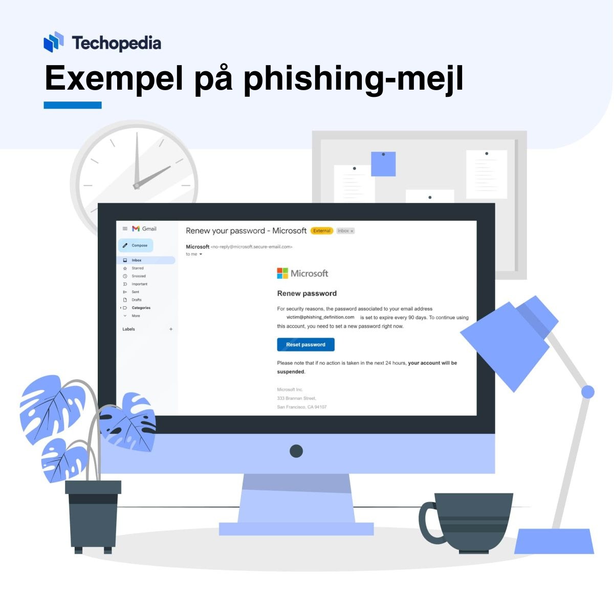 Dator med ett exempel på ett phishingmejl som uppmanar användaren att återställa sitt lösenord för Microsoft.