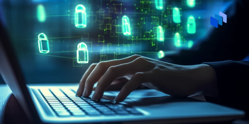 Händer som skriver på en laptop med gröna hänglås på en digital skärm i bakgrunden, symboliserar skydd mot digitala attacker.