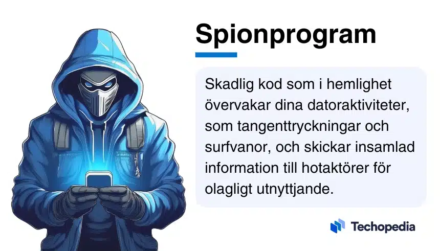 Illustration av en person i en blå hoodie med en mobiltelefon och texten som beskriver spionprogram.