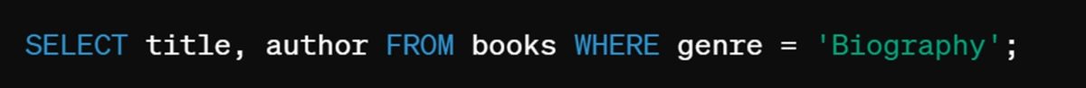 Exempel är en SQL-query för att hämta titlar och författare till böcker som klassificerats efter biografi.