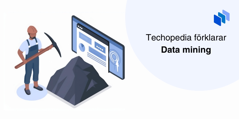 Illustration av data mining med en figur som gräver fram data från en virtuell hög framför en datorskärm.