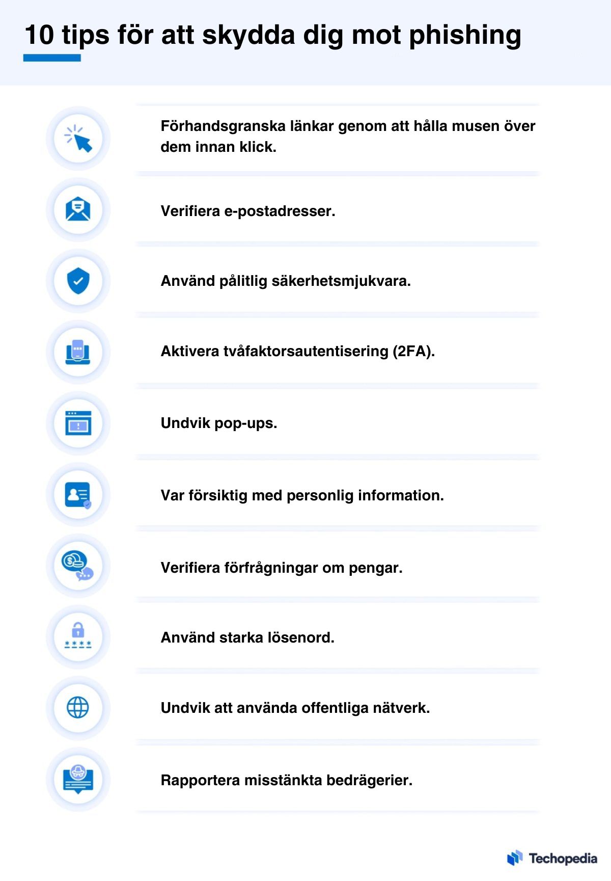 Lista med 10 tips för att skydda sig mot phishing.