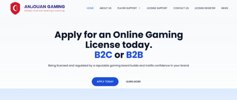 Anjouan Gaming-licensens webbplats med uppmaning att ansöka om en spellicens för B2C eller B2B.