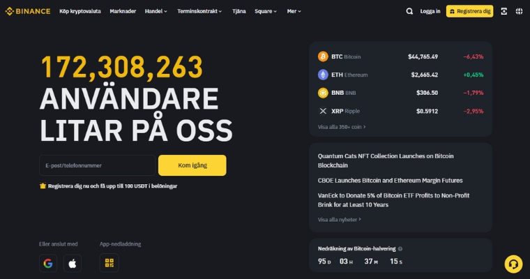 Skärmbild på handelsplattformen Binance för Bitcoin köp