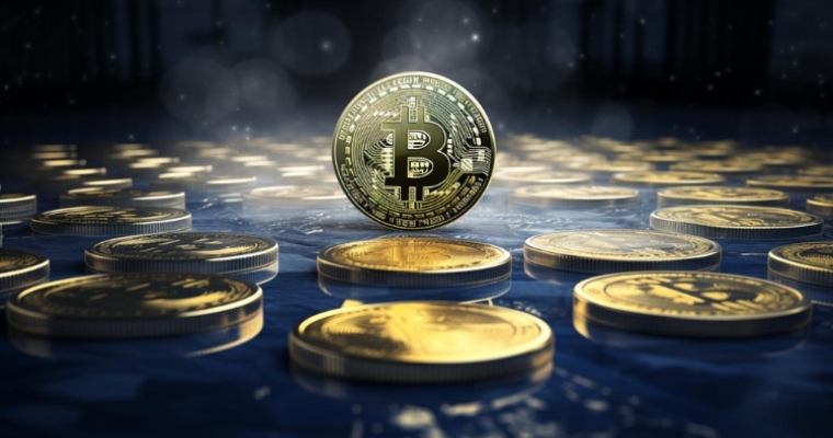 Stående Bitcoin mynt brevid massor av liggande mynt