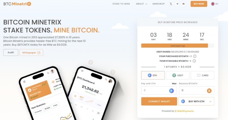 Skärmbild från Bitcoin Minetrix:s hemsida med köpmöjligheter