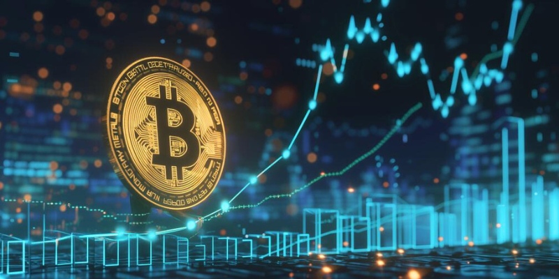 Bitcoin kurs visad som BTC mynt rörandes uppåt i graf