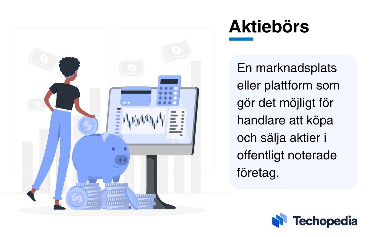 Person som står bredvid en dator med finansdiagram, en spargris och mynt, med förklaring vad en aktiebörs är.