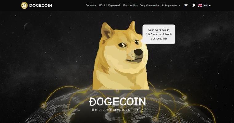 Dogecoin webbplats med Shiba Inu-meme i centrum