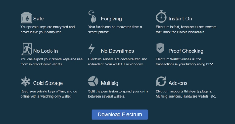 Egenskaper hos Electrum digitala plånbok