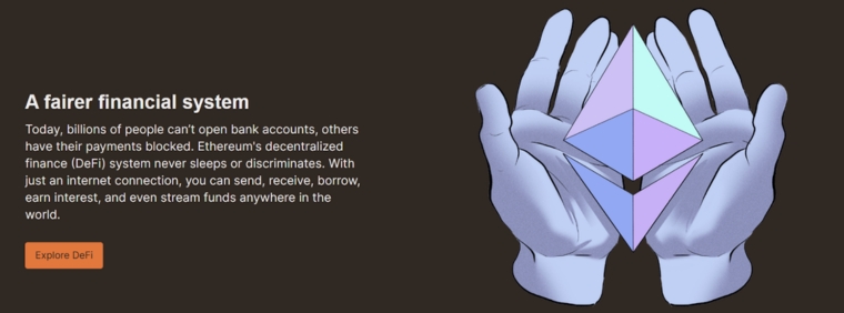Skärmbild från Ethereum hemsida med text om deras decentraliserad finans (DeFi)