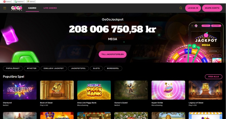 Skärmbild på Gogo Casino spelsida